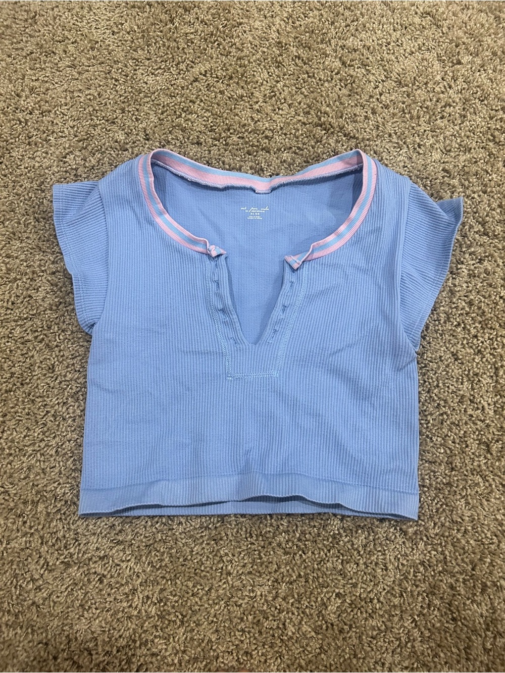 Out from under Blue Ribbed Short Sleeve Top with Pink Trim size M/L